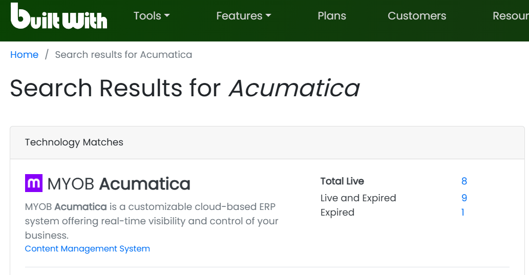 BuiltWith showing limited Acumatica results
