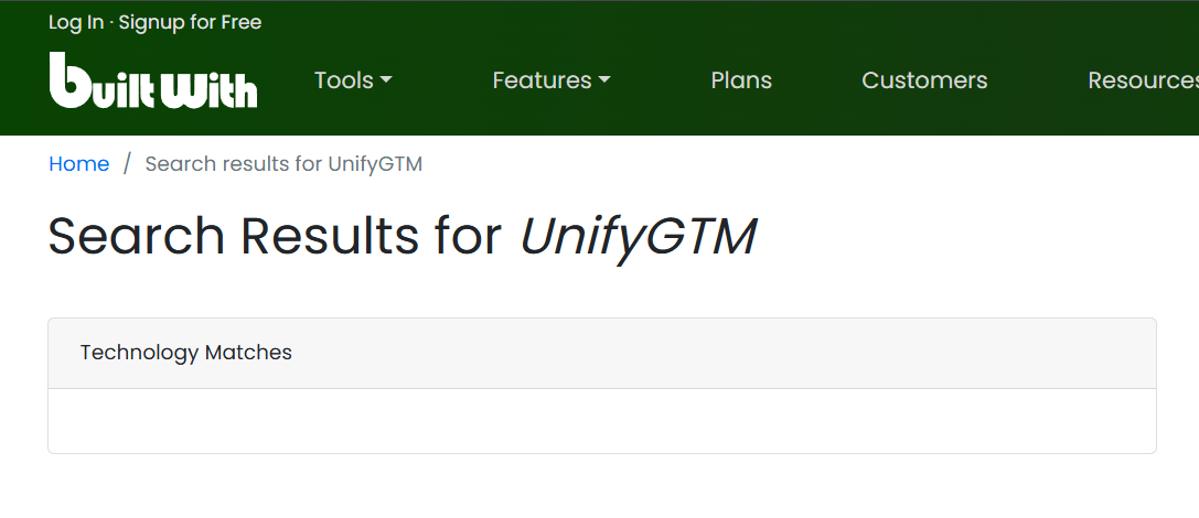 BuiltWith showing no UnifyGTM results