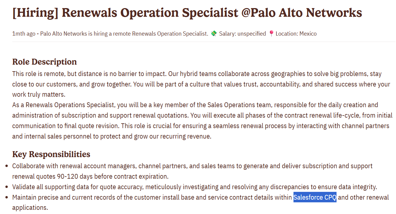 Palo Alto Networks Renewals Operations Specialist job posting mentioning Salesforce CPQ