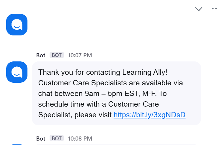 Learning Ally Zoom Contact Center chat widget