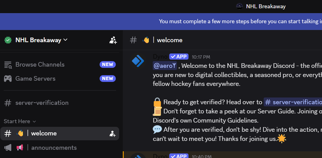 NHL Breakaway Discord announcements channel