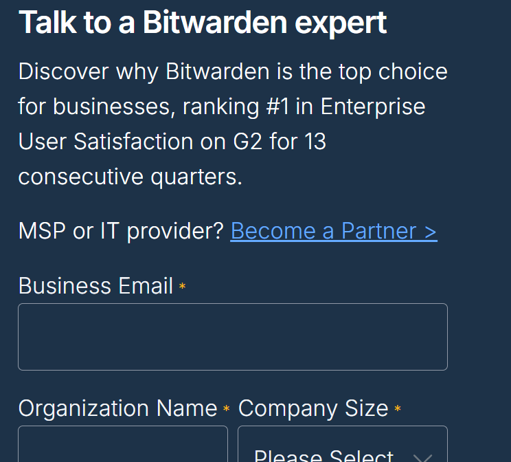 Bitwarden HubSpot contact sales form