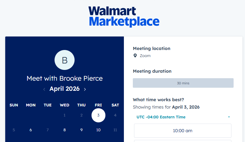 Walmart Marketplace HubSpot Meetings booking page