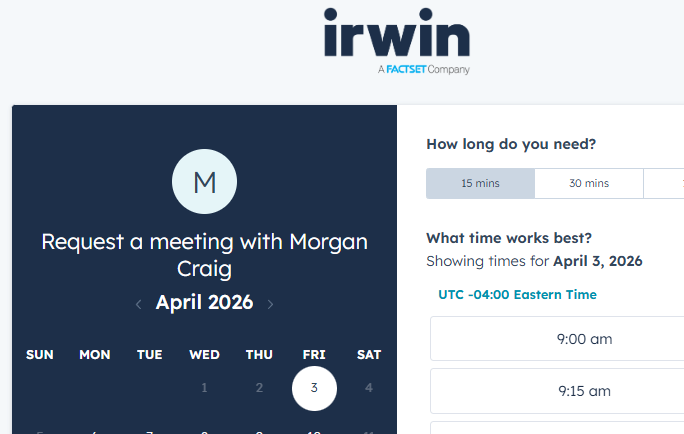 FactSet Irwin HubSpot Meetings booking page