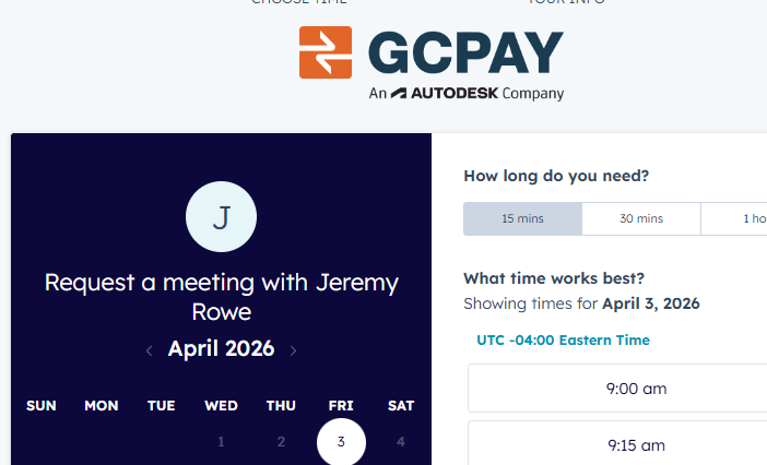 Autodesk GCPay HubSpot Meetings booking page