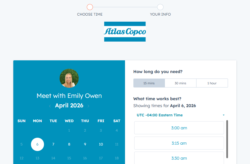 Atlas Copco HubSpot Meetings booking page
