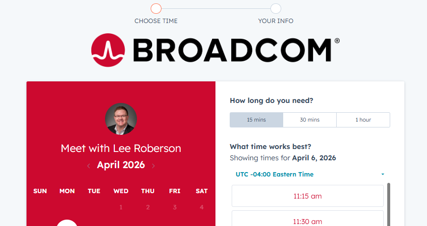 Broadcom HubSpot Meetings booking page