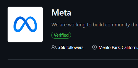 Meta's GitHub profile showing their open source repositories including React, PyTorch and Llama