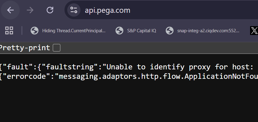 api.pega.com response showing Apigee fault message