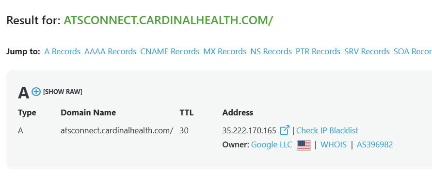 atsconnect.cardinalhealth.com DNS lookup showing Google Cloud IP