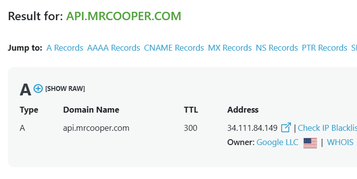 api.mrcooper.com resolving to a Google Cloud IP