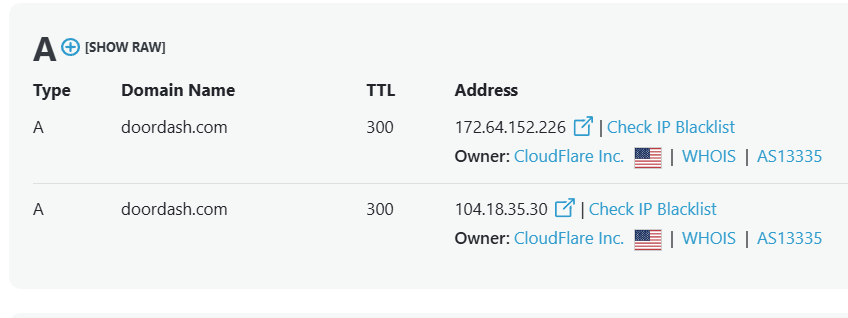 DoorDash A DNS records pointing to Cloudflare