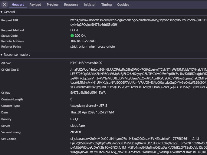 Cloudflare bot management challenge on DoorDash background request