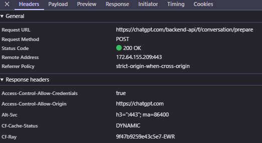 ChatGPT backend API response headers showing CF-Ray from Cloudflare