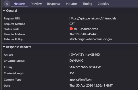 api.openai.com response headers showing Cloudflare