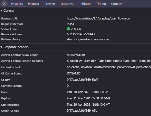 X front-end API response headers showing CF-Ray from Cloudflare