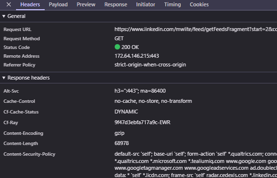 LinkedIn feed API response headers showing CF-Ray from Cloudflare