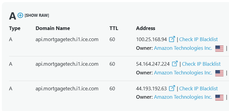 api.mortgagetech.i1.ice.com DNS records pointing to Amazon
