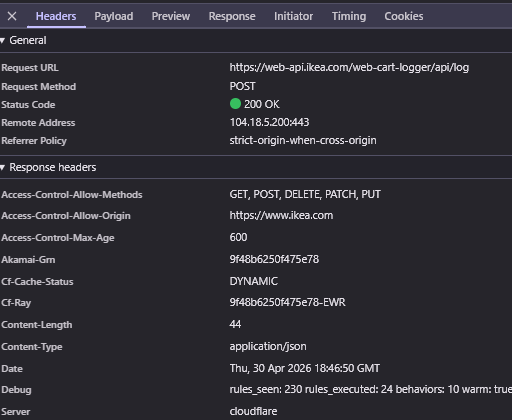 web-api.ikea.com response headers showing CF-Ray from Cloudflare
