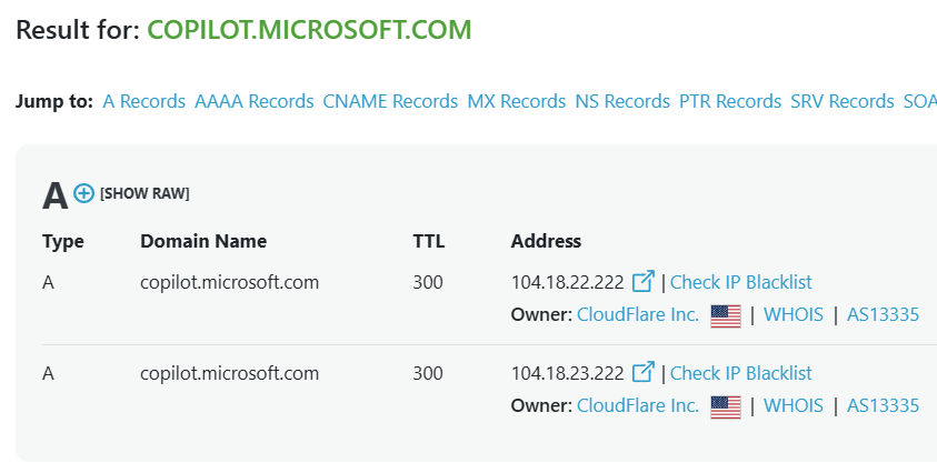 copilot.microsoft.com DNS records pointing to Cloudflare