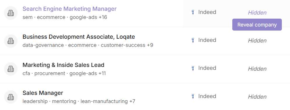 JobsPipe revealing a single row for one credit