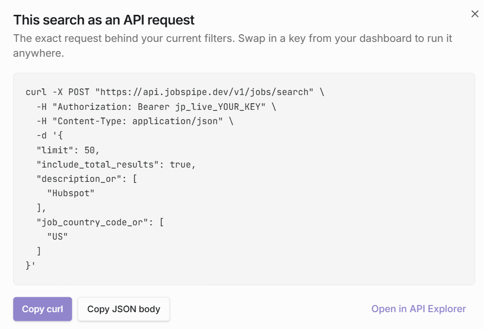 JobsPipe converting search filters into an API request