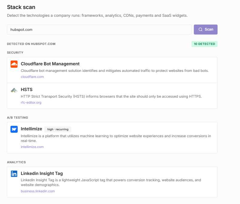 JobsPipe tech stack scan results for a domain