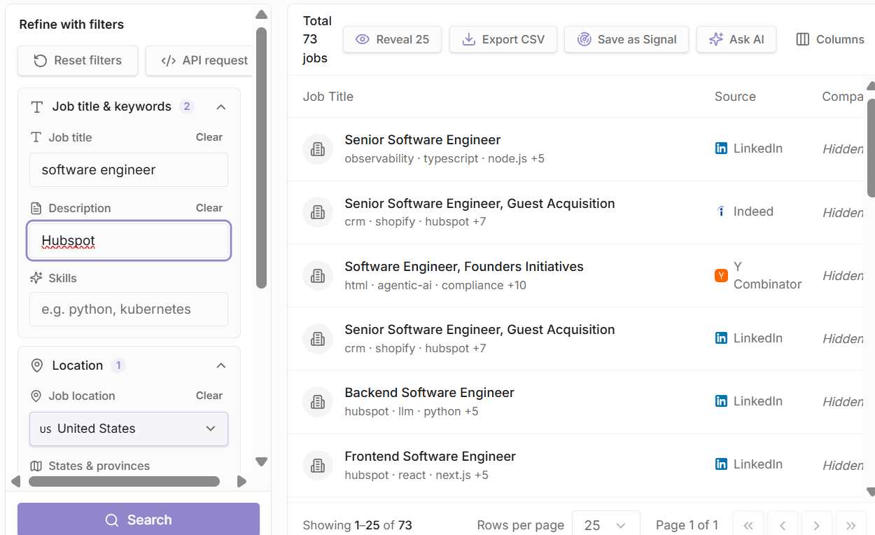 JobsPipe results showing companies mentioning Hubspot in their job description