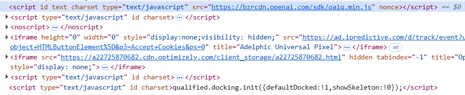Example of the OpenAI ChatGPT Ads attribution pixel JavaScript installed on a website